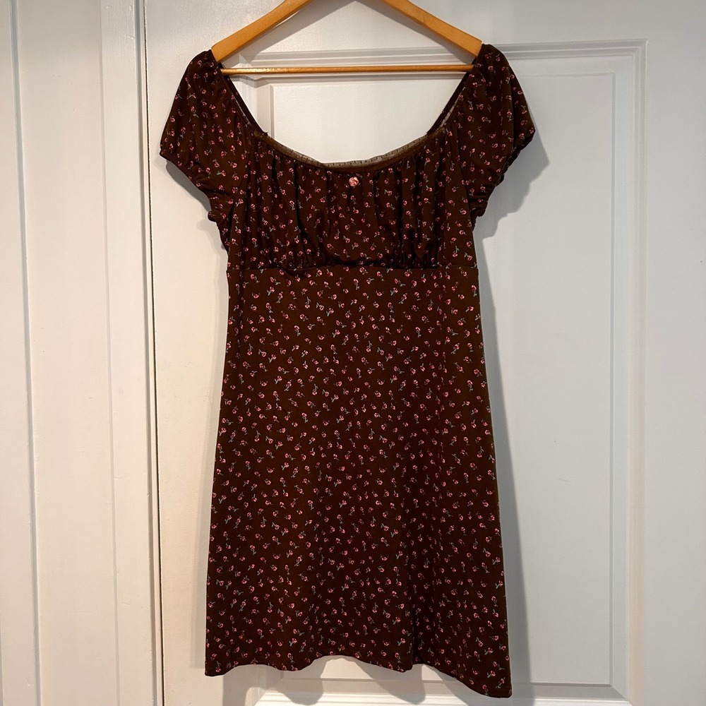 Vintage No Boundaries‎ Floral Milkmaid Y2K Dress Coquette Large Forest Brown